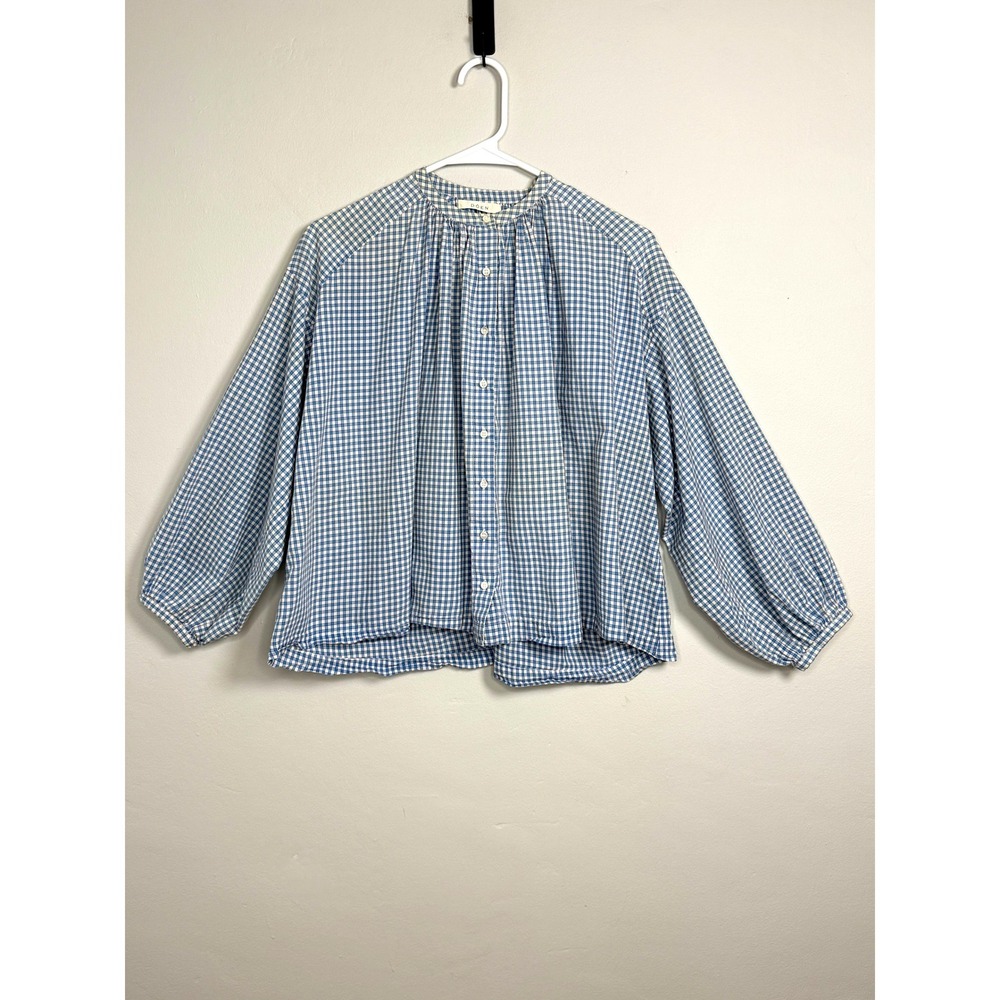 DOEN Jane Blouse Oversized XS Blue Gingham Cottagecore Prairie Organic Cotton